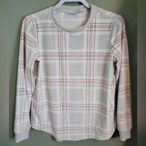 Rachel Zoe Small Long Sleeve Pullover Crew Neck Top White Pink Plaid Soft